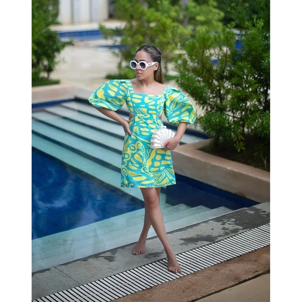 Alexis Bodhi Turquoise Yellow Print Puff Sleeve Cutout Mini Dress Open Back M - Picture 3 of 9